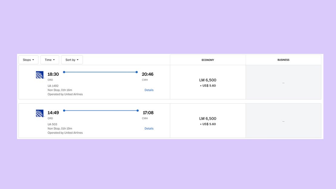 A screenshot of LifeMiles award flights from Chicago to Columbus