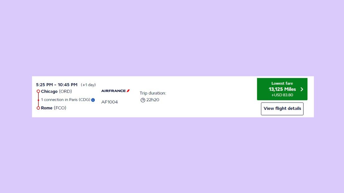 A screenshot of a Flying Blue award itinerary from Chicago to Rome