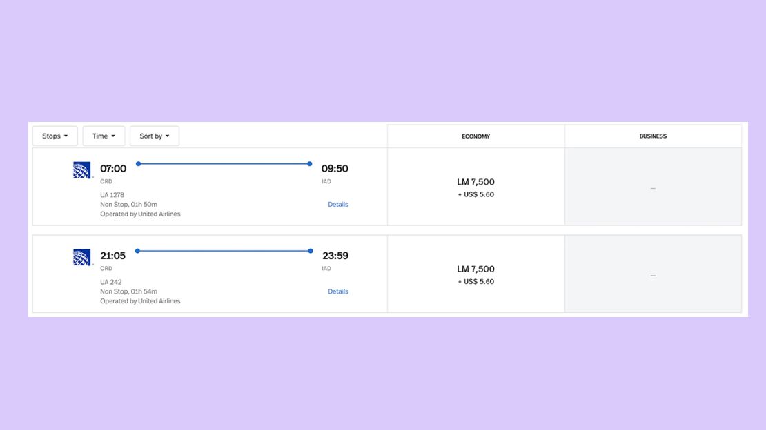 A screenshot of LifeMiles award flights from Chicago to Washington-Dulles