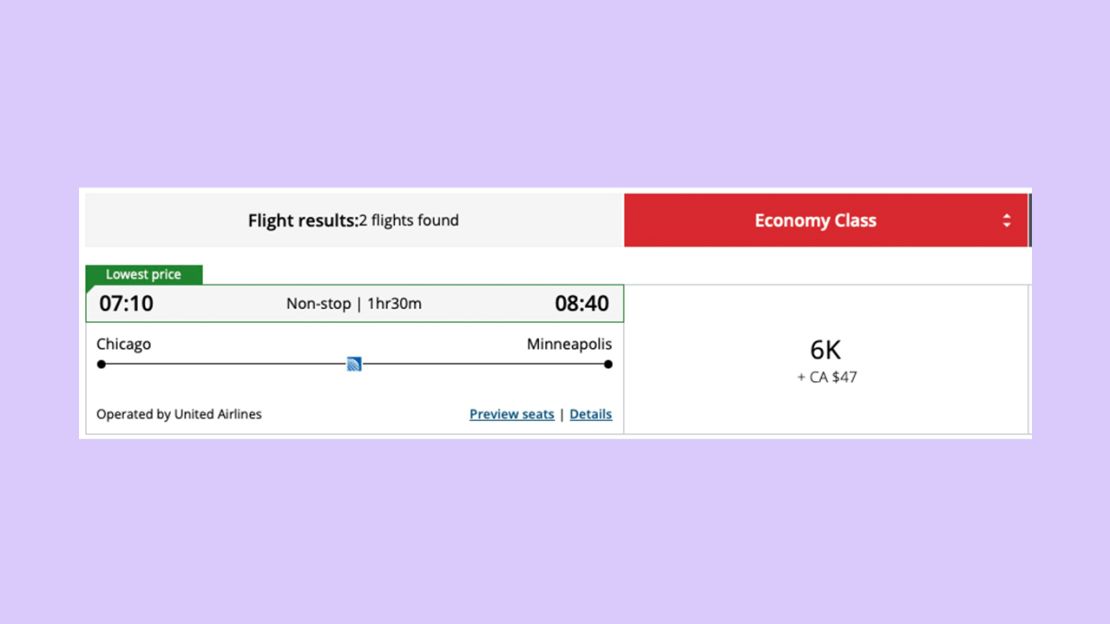 A screenshot of an Air Canada Aeroplan award itinerary from Chicago to Minneapolis operated by United Airlines