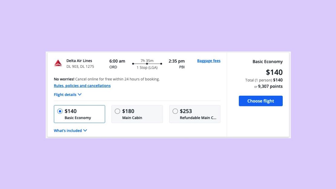 A screenshot of a Delta flight from Chicago to West Palm Beach on the Chase Travel portal