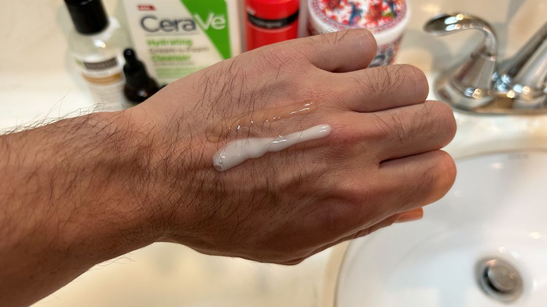 The Ordinary’s Niacinamide and Zinc Serum (top) and Medik8’s Clarity Peptides Serum (bottom) on the back of a hand