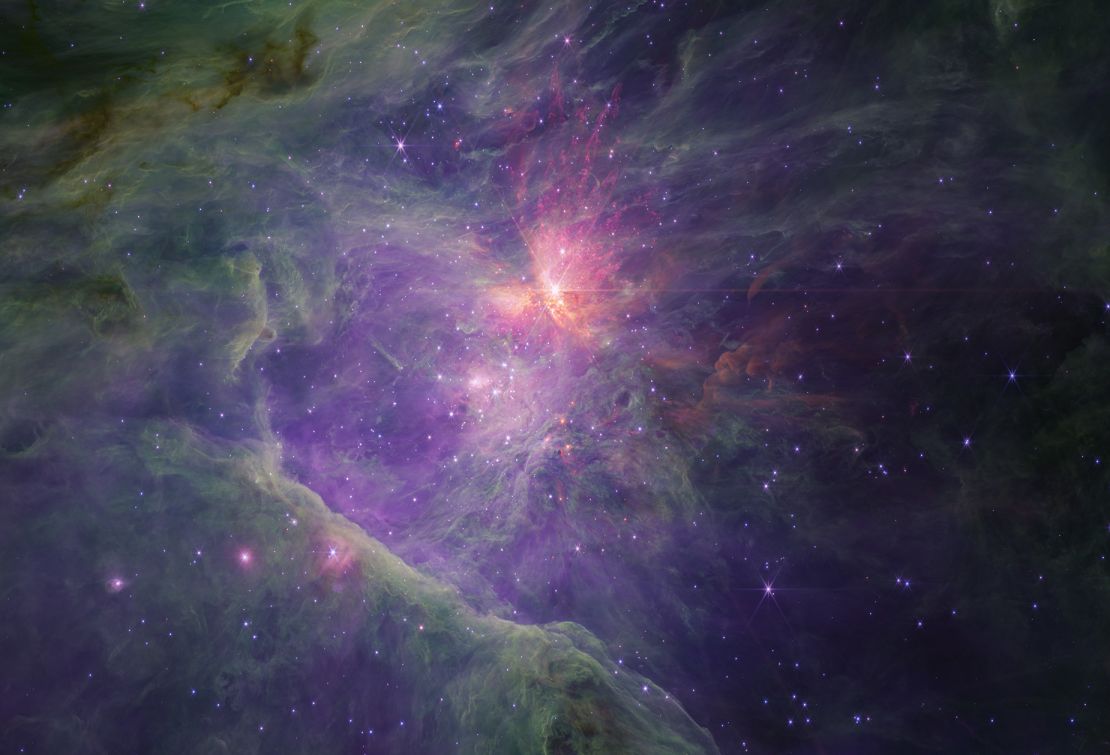 This Webb image shows the full survey of the inner Orion Nebula and Trapezium Cluster, captured in long wavelengths of light.