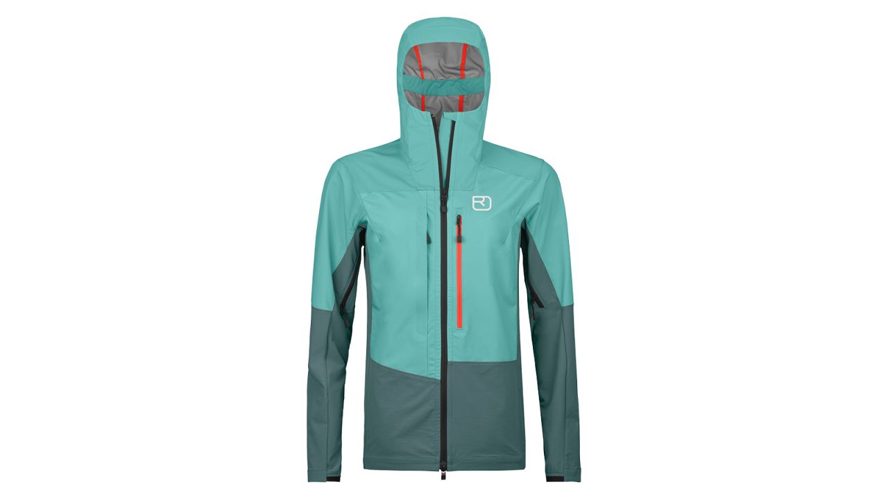 A teal ski jacket on a white background.