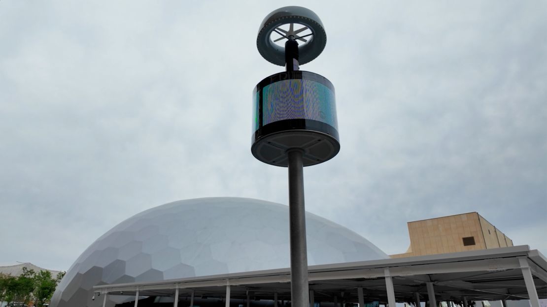 Perovskite solar cells power this "smart" pole at Expo 2025.