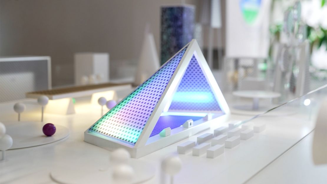 The Panasonic Group Pavilion imagines future cities integrated with lightweight perovskite solar panels.