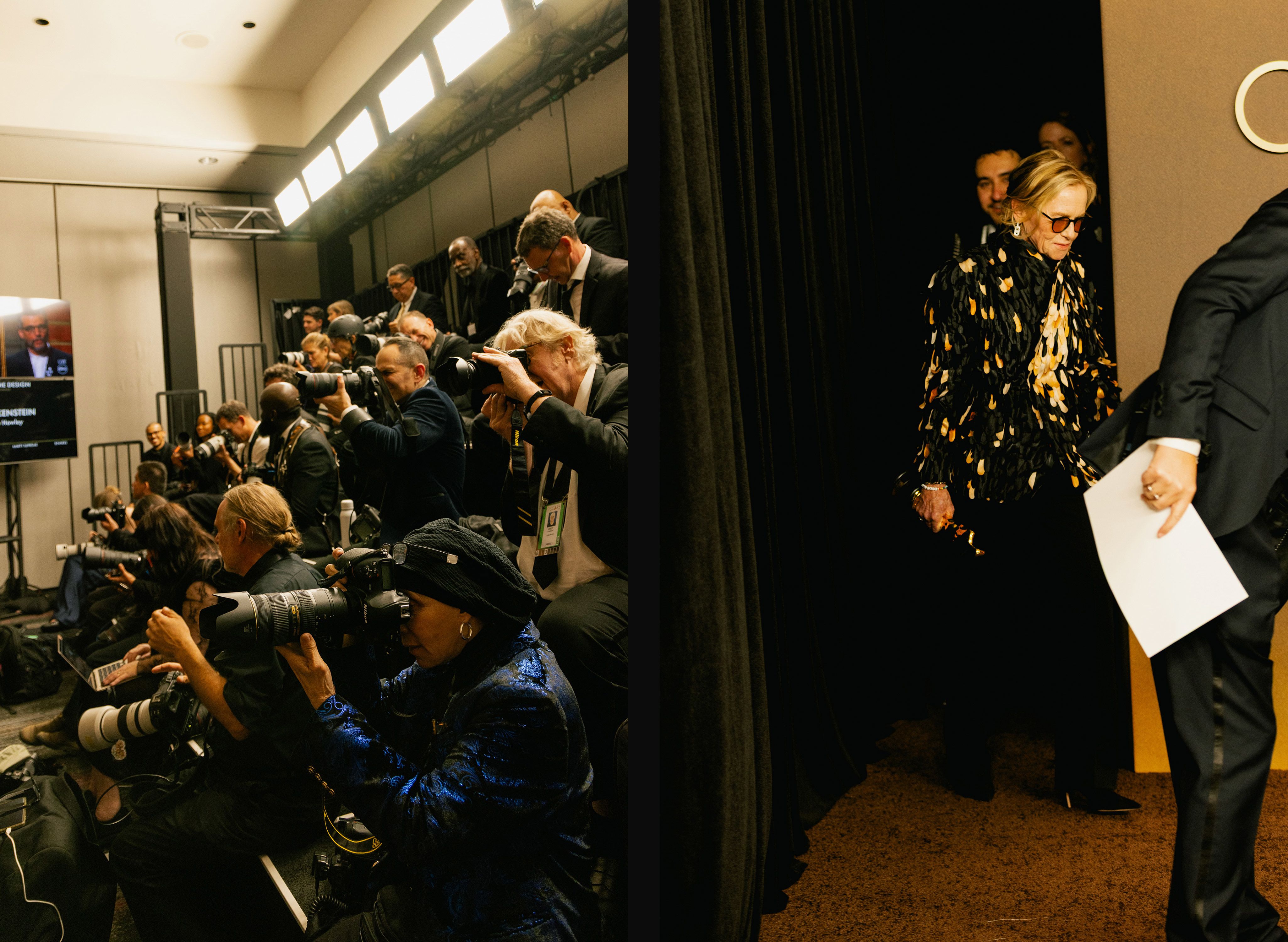 Amy Madigan arrives backstage after winning best supporting actress for her role in “Weapons,” some 40 years after her last nomination.
