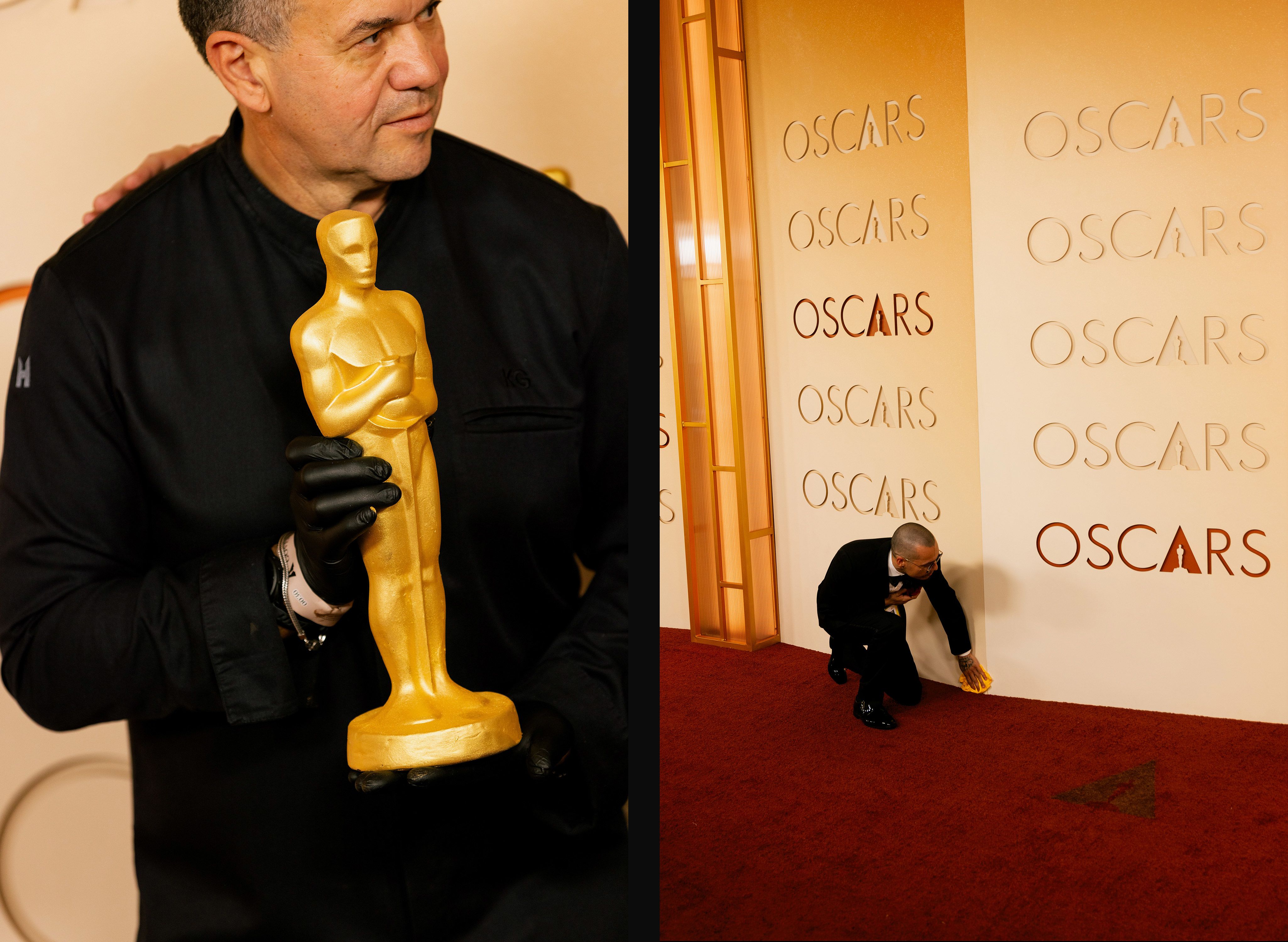 An Oscar statuette made of chocolate, left, and a final carpet spruce.