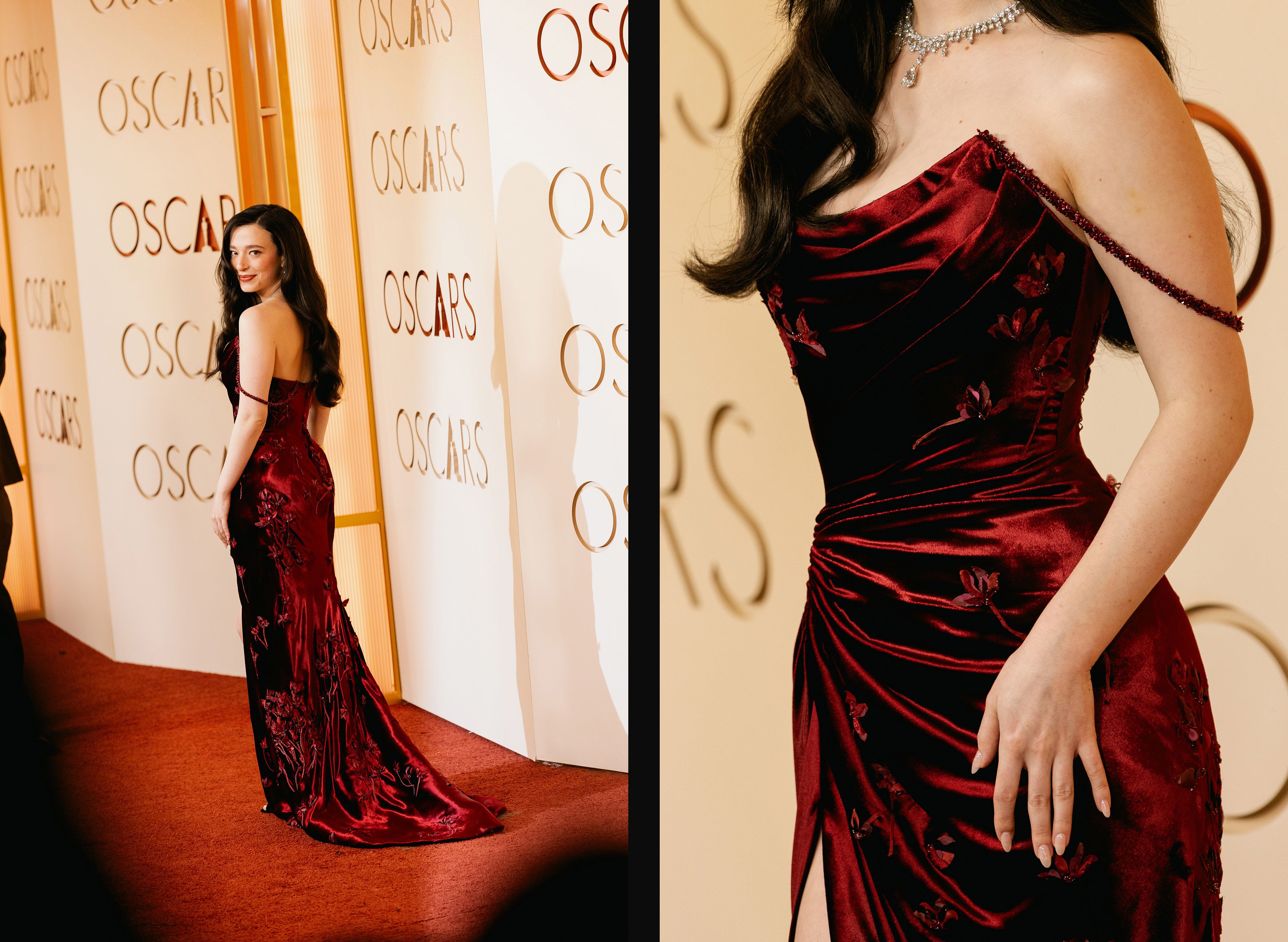 Reigning Best Actress Mikey Madison in a blood-red Dior gown that was almost the same color as the carpet itself.