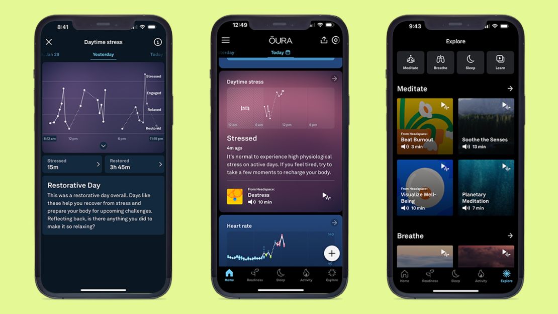 Three screenshots detailing stress information in the Oura Ring app.