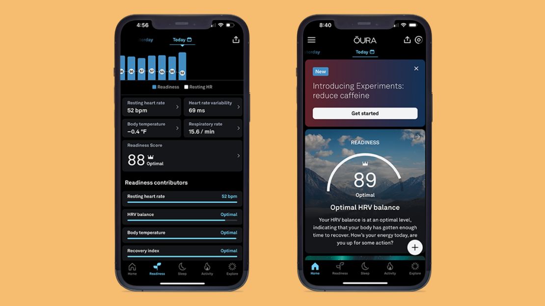 Screenshots from the Oura Ring app.