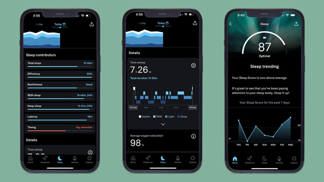 Three screenshots detailing sleep tracking information from the Oura Ring app.