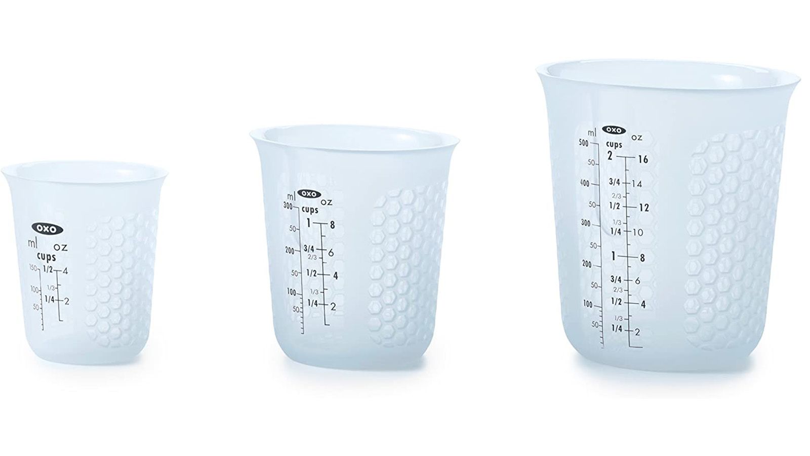 Sold at Auction: OXO Measuring Cups Set Of 3 With Silicone Handles