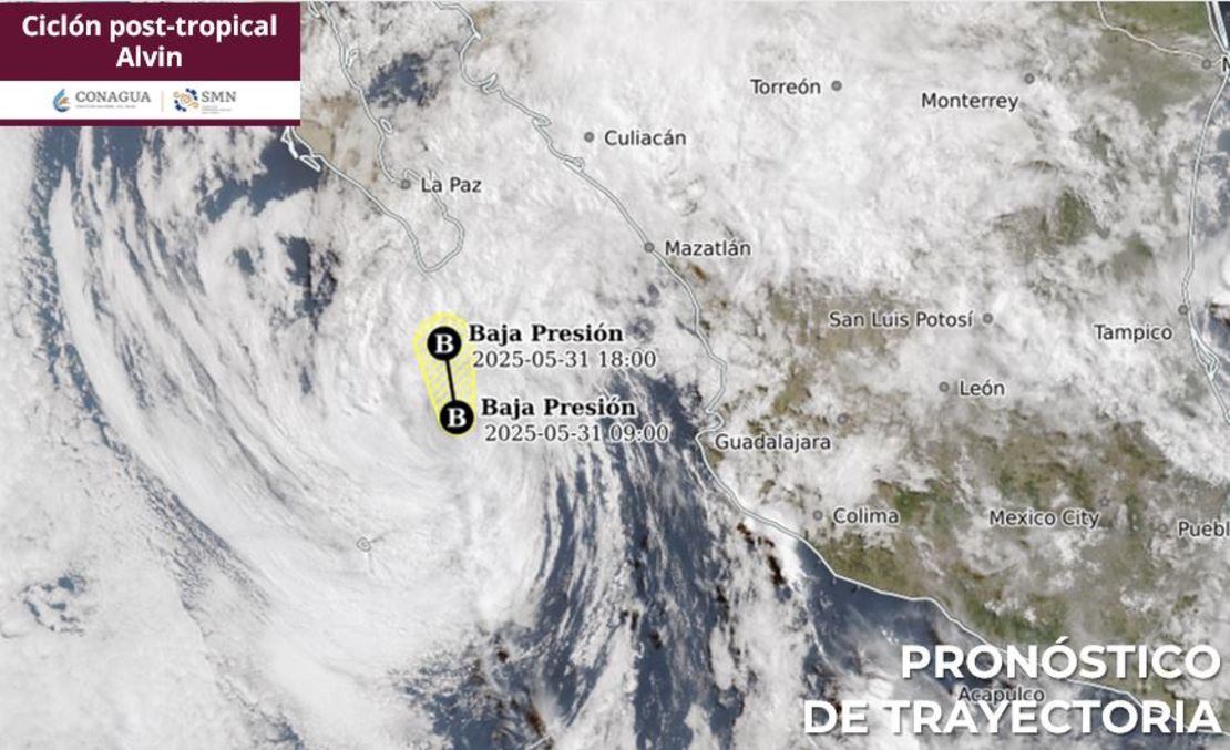 La trayectoria prevista para el ciclón postropical Alvin. Se espera que sus remanentes se disipen el domingo.