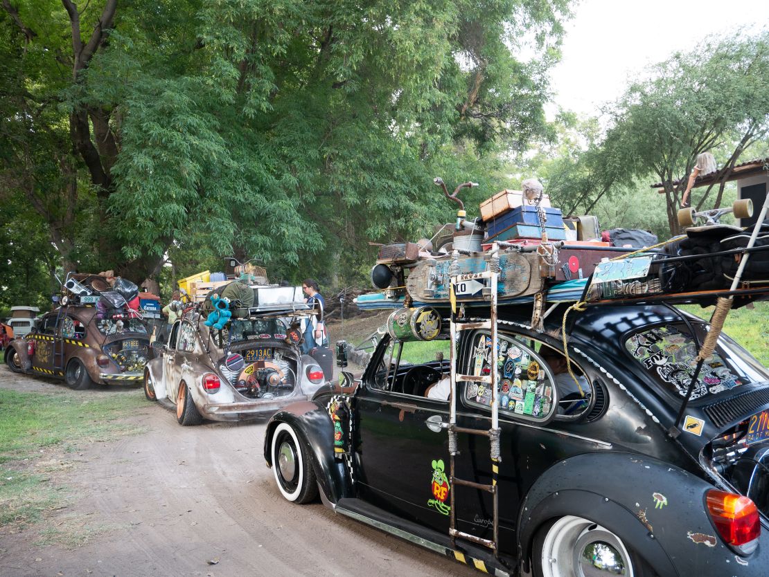 A convoy of "Mad-Max style" Vochos arrive at the largest Volkswagen club event in the central Mexican state of Hidalgo.