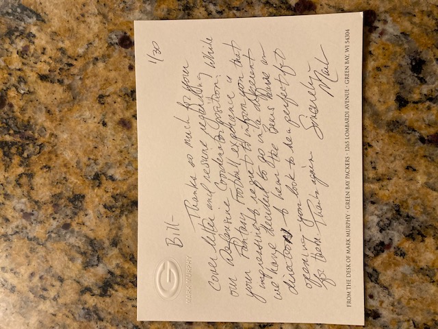 A hand-written letter to Bill Port from Green Bay Packers President and CEO Mark Murphy.