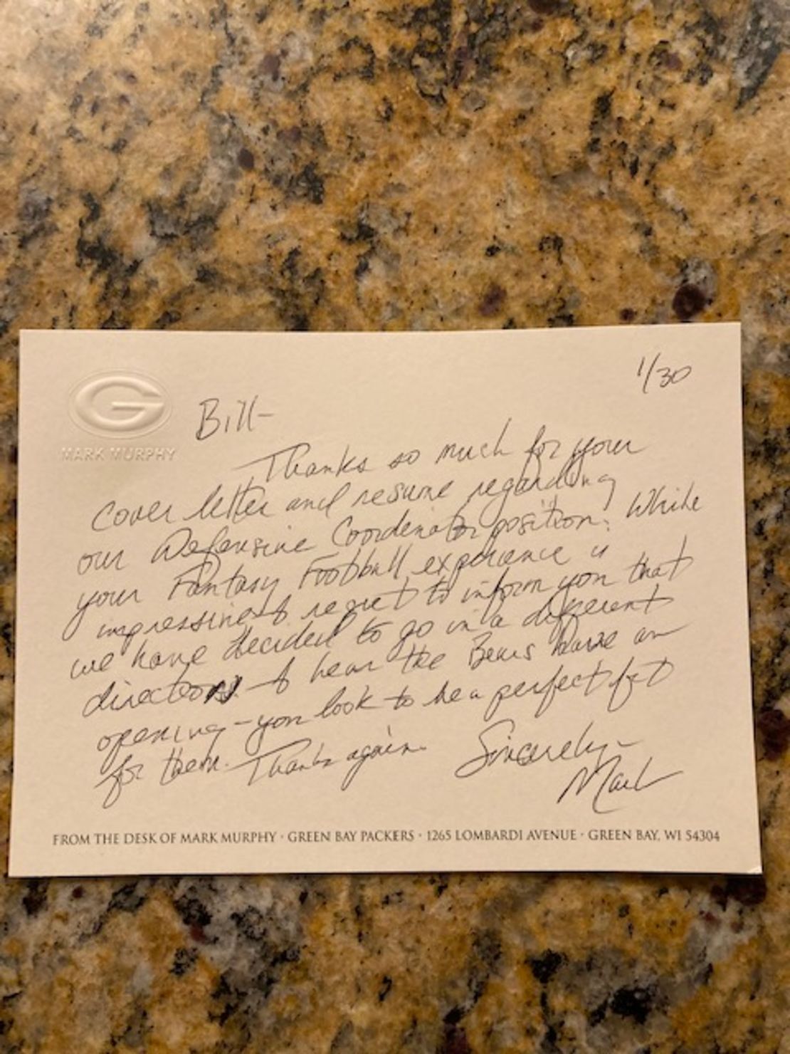 A hand-written letter to Bill Port from Green Bay Packers President and CEO Mark Murphy.