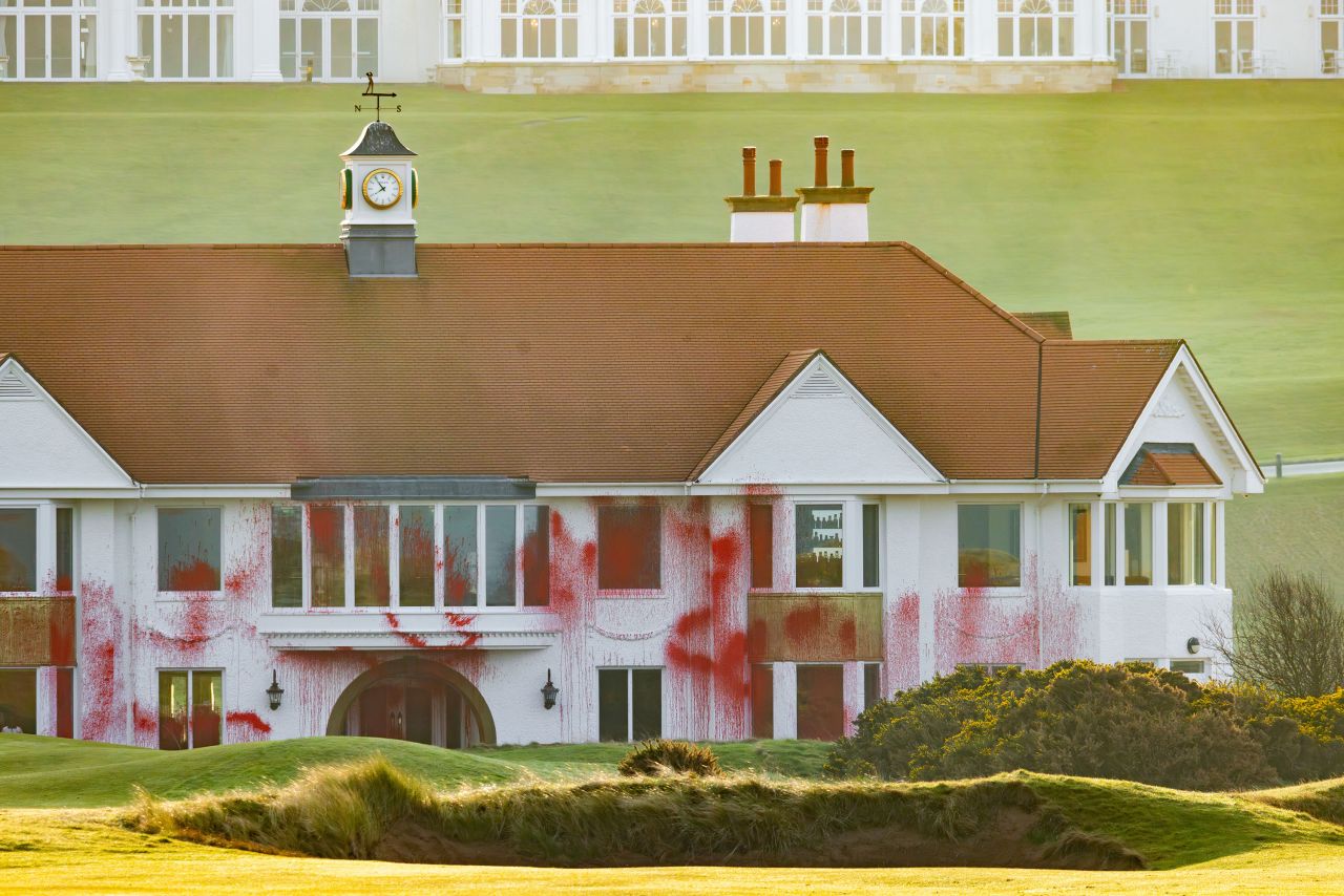 Protestors have vandalized one of Donald Trump’s golf courses in Scotland.