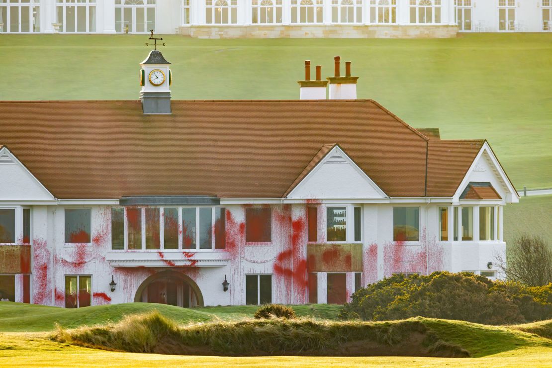 Protestors have vandalized one of Donald Trump’s golf courses in Scotland.