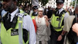 London police detain a woman for expressing support for Palestine Action, which has been designated as a terrorist group, on August 9, 2025.