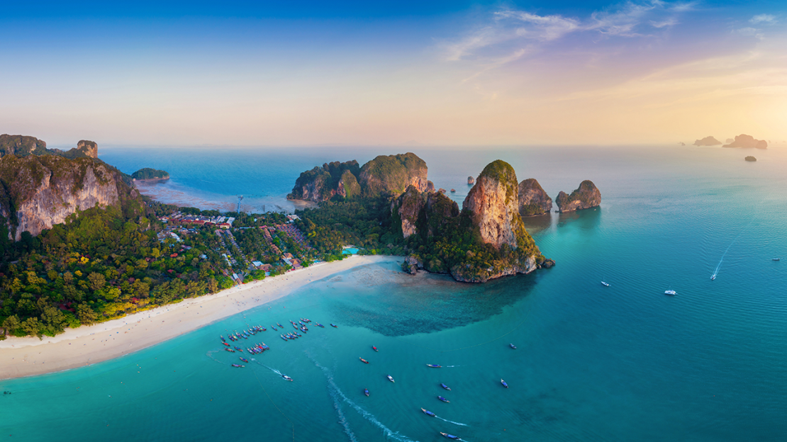 Panorama of Railey Beach at sunset, Krabi, Thailand