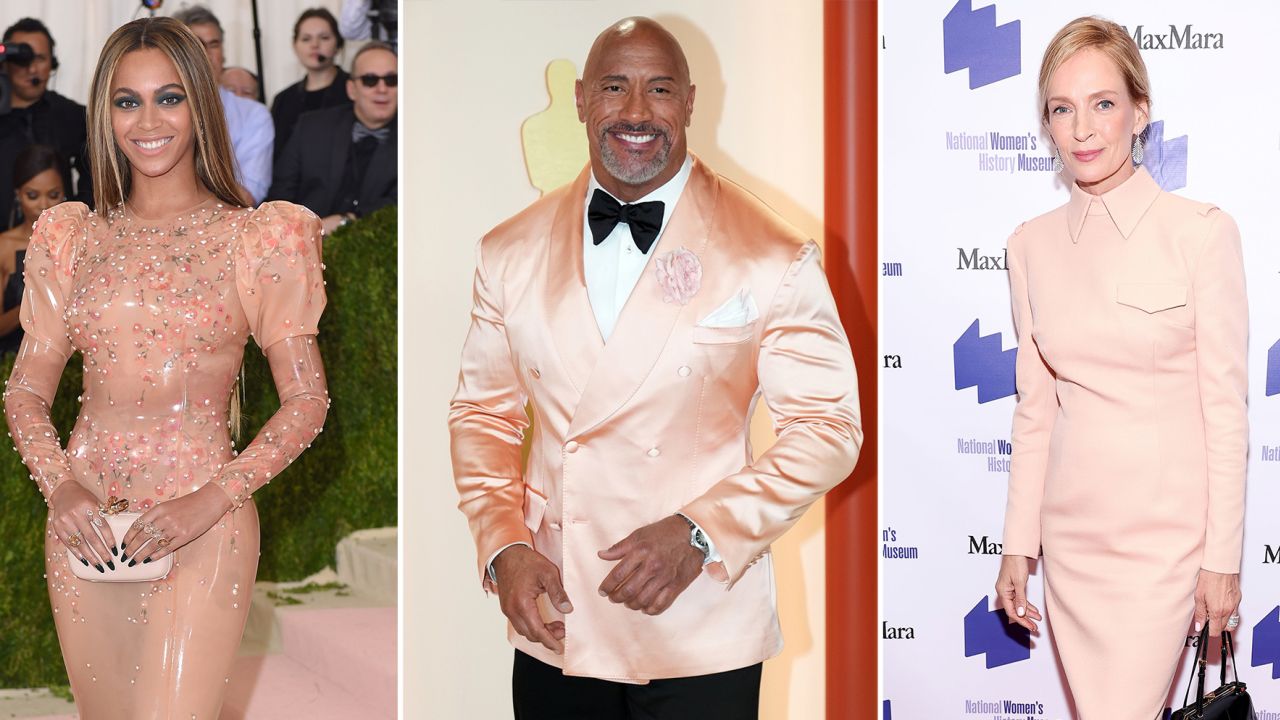 Left to right, Beyoncé at the Met Gala in 2016, Dwayne 'The Rock' Johnson at this year's Oscars ceremony and Uma Thurman at the Women Making History Awards Gala 2023.