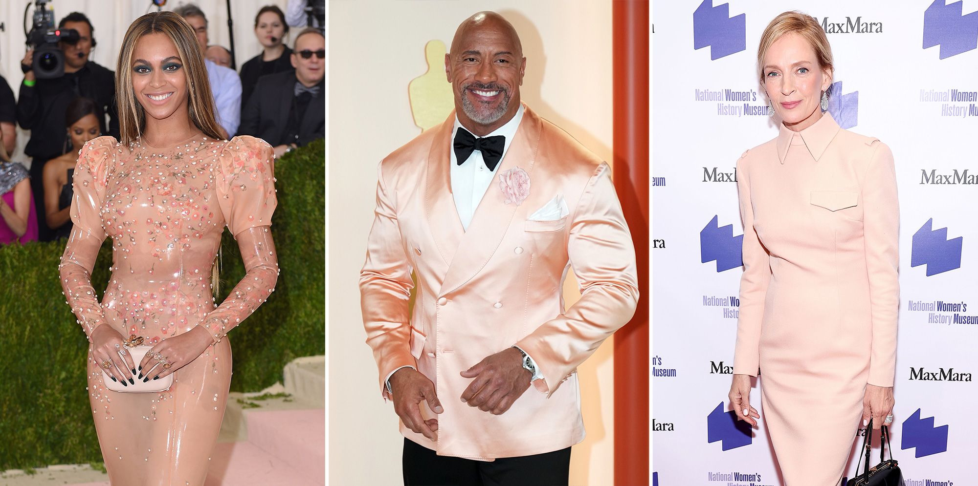 Left to right, Beyoncé at the Met Gala in 2016, Dwayne 'The Rock' Johnson at this year's Oscars ceremony and Uma Thurman at the Women Making History Awards Gala 2023.