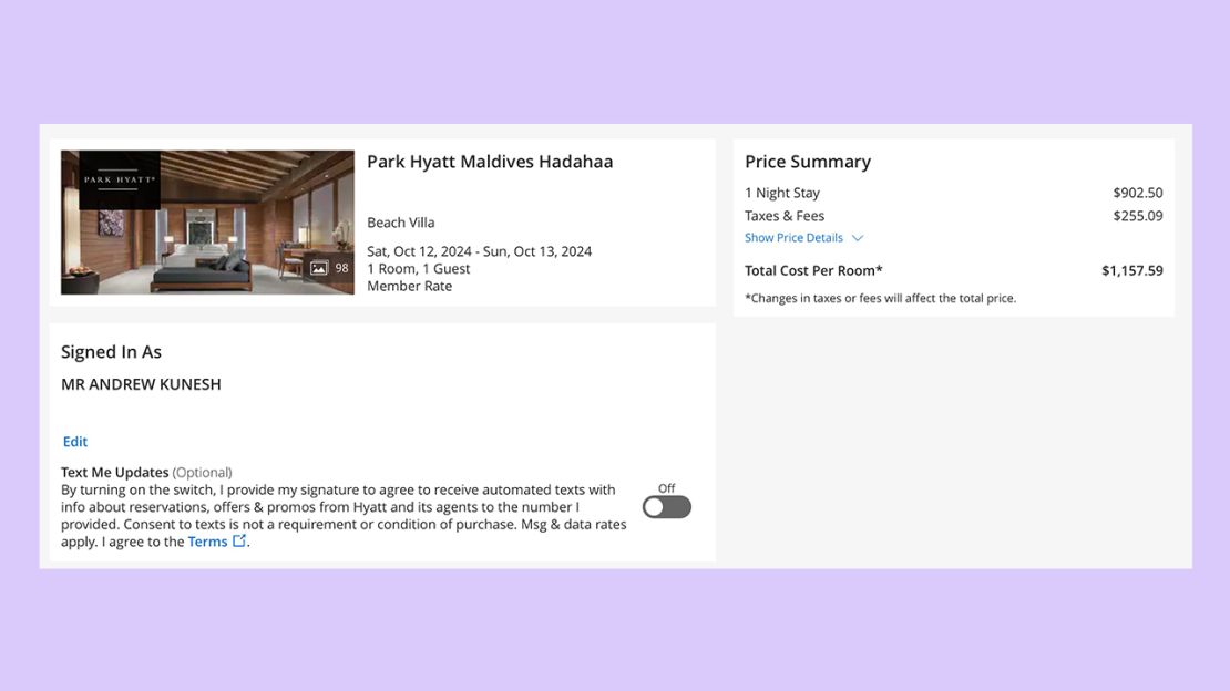 A screenshot showing the rate for a one-night stay at the Park Hyatt Maldives