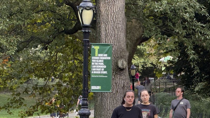 The Central Park sign is readable, "THERE ARE STORIES WHEREVER YOU GLANCE IN THE PARK. I AM REMINDED I AM PART OF A BIGGER STORY."