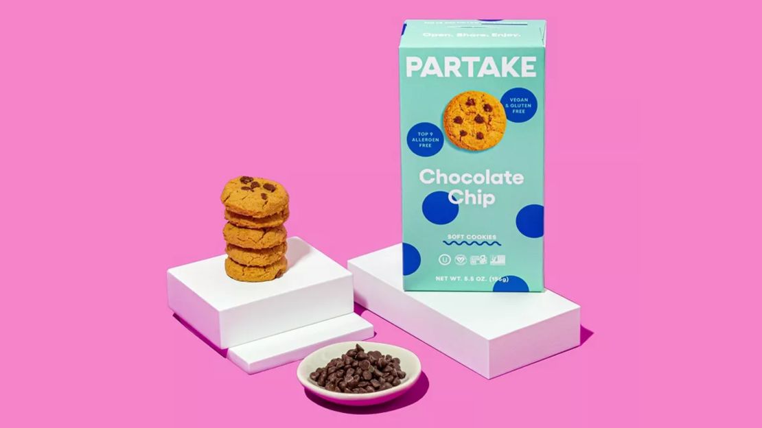 partake chocolate chip cookies against a pink background