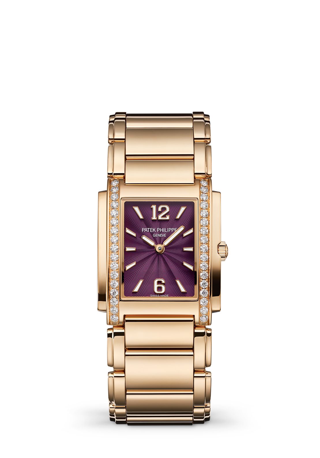 Patek Philippe Twenty-4 Ref. 4910/1201R-010 in rose gold with an embossed and lacquered purple dial, POA. Available now.