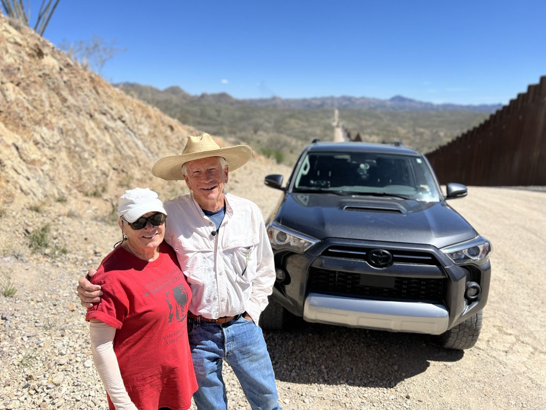 Paul Nixon and Laurel Grindy have been volunteering to help migrants in distress up and down these steep hills for about five years.