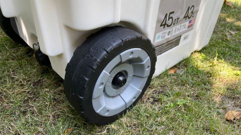 Detail of the wheel of a Pelican Elite 45 cooler