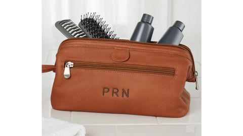  Personalized Tan Leather Toiletry Bag