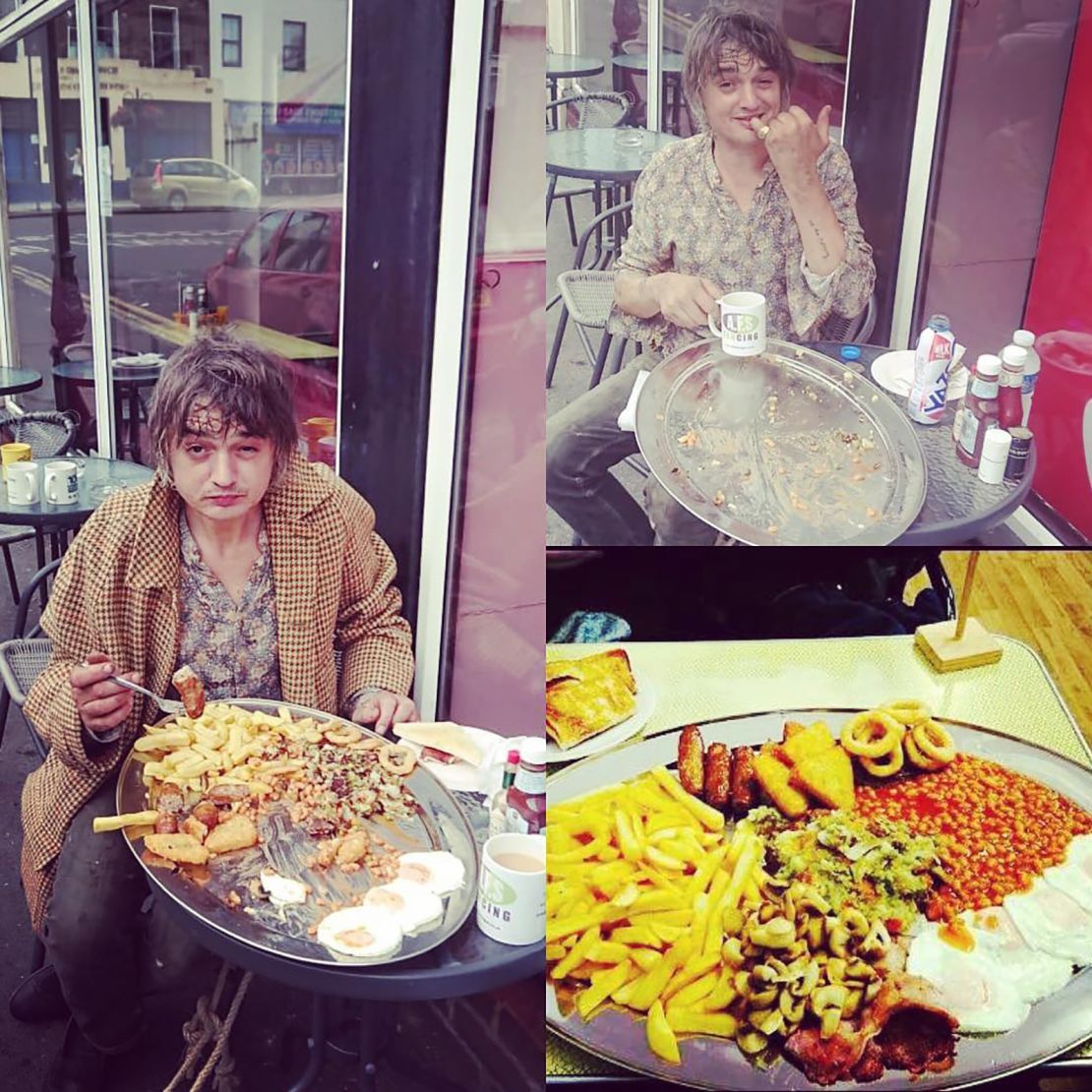 Rock musician Pete Doherty pictured demolishing a "mega breakfast" at the Dalby Cafe in Margate.