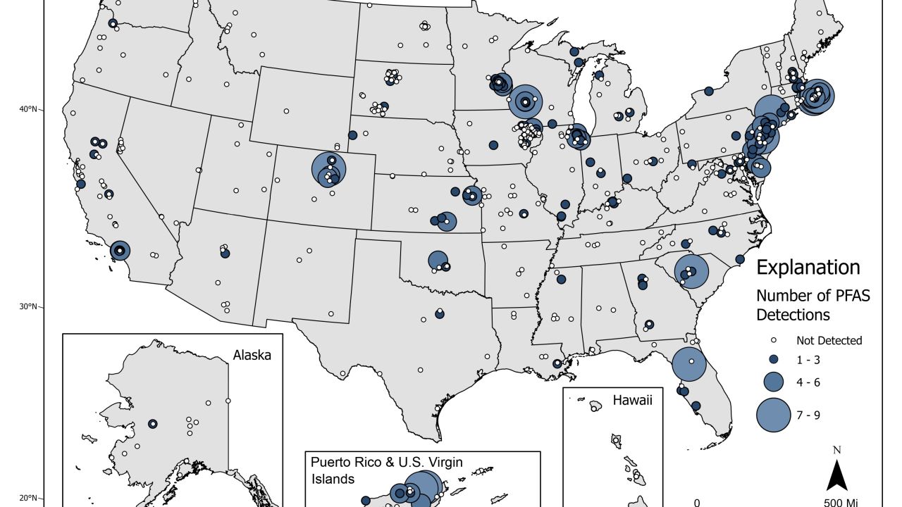 This USGS map shows the number of PFAS detected in tap water samples from select sites across the nation. The findings are based on a USGS study of samples taken between 2016 and 2021 from private and public supplies at 716 locations. The map does not represent the only locations in the US with PFAS. <strong><em> </em></strong>