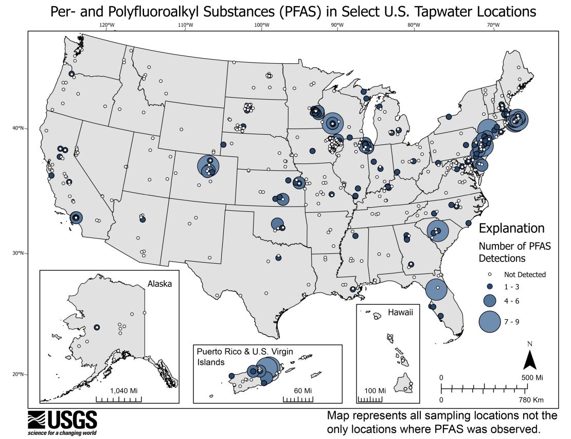 This USGS map shows the number of PFAS detected in tap water samples from select sites across the nation. The findings are based on a USGS study of samples taken between 2016 and 2021 from private and public supplies at 716 locations. The map does not represent the only locations in the US with PFAS. <strong><em> </em></strong>