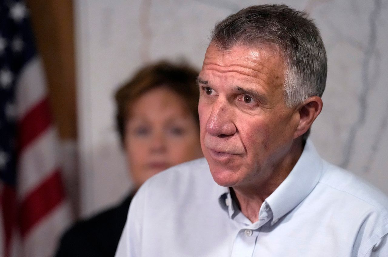 Vermont Gov. Phil Scott updates reporters after remnants of Hurricane Beryl caused flooding and destruction across Vermont during a news conference on Friday, July 12 in Berlin, Vermont. 