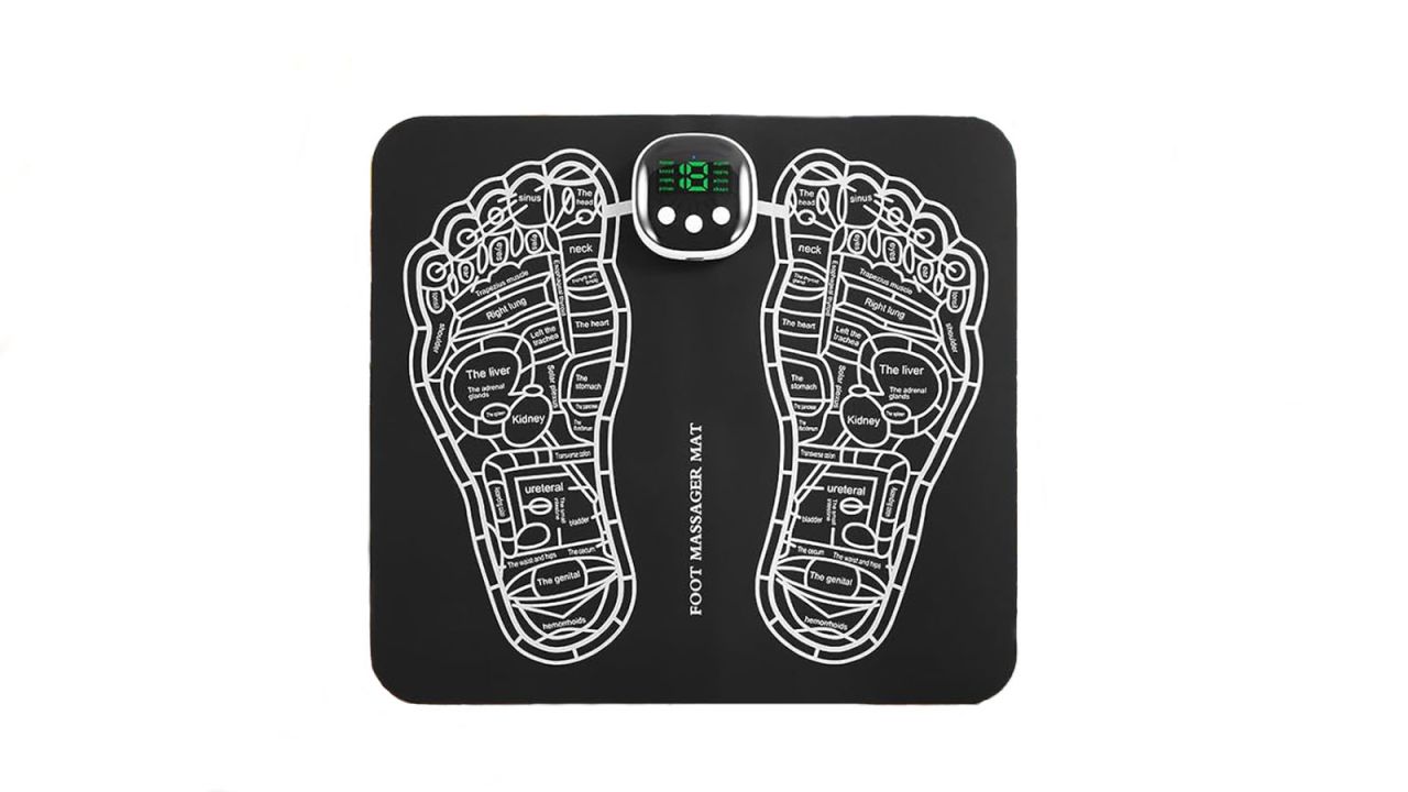 Foot massager mat with white outline of a pair of feet with specific parts of each foot labeled.