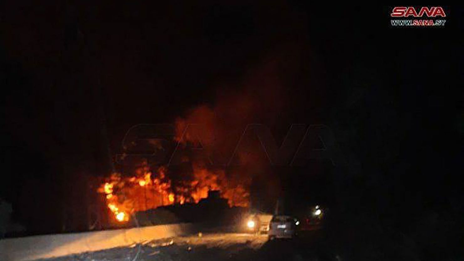 A photo released by Syrian state news agency SANA on Sunday, September 8, shows the Wadi al-Uyun highway in Masyaf, where a fire reportedly caused by Israeli airstrikes has broken out.