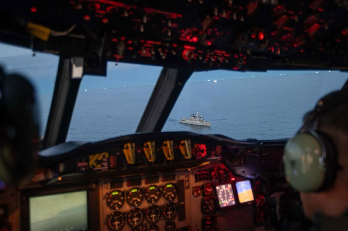 Seen from the cockpit, an Argentine warship patrols near “milla 200” on February 20.