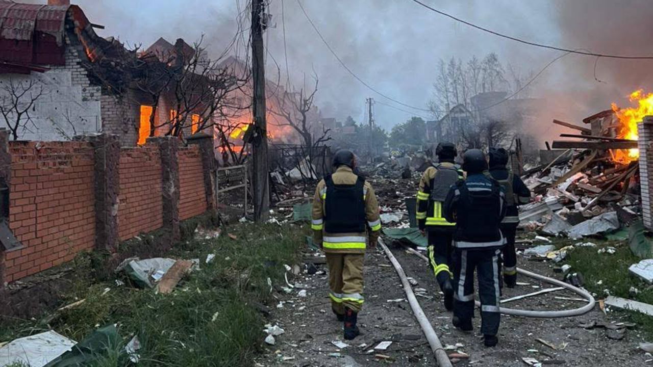 Damage in Kyiv, Ukraine, following Russian strikes on May 25, 2025.