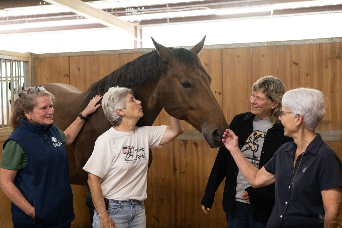 The Stride Ahead care team spends time with one of the program’s therapy horses.