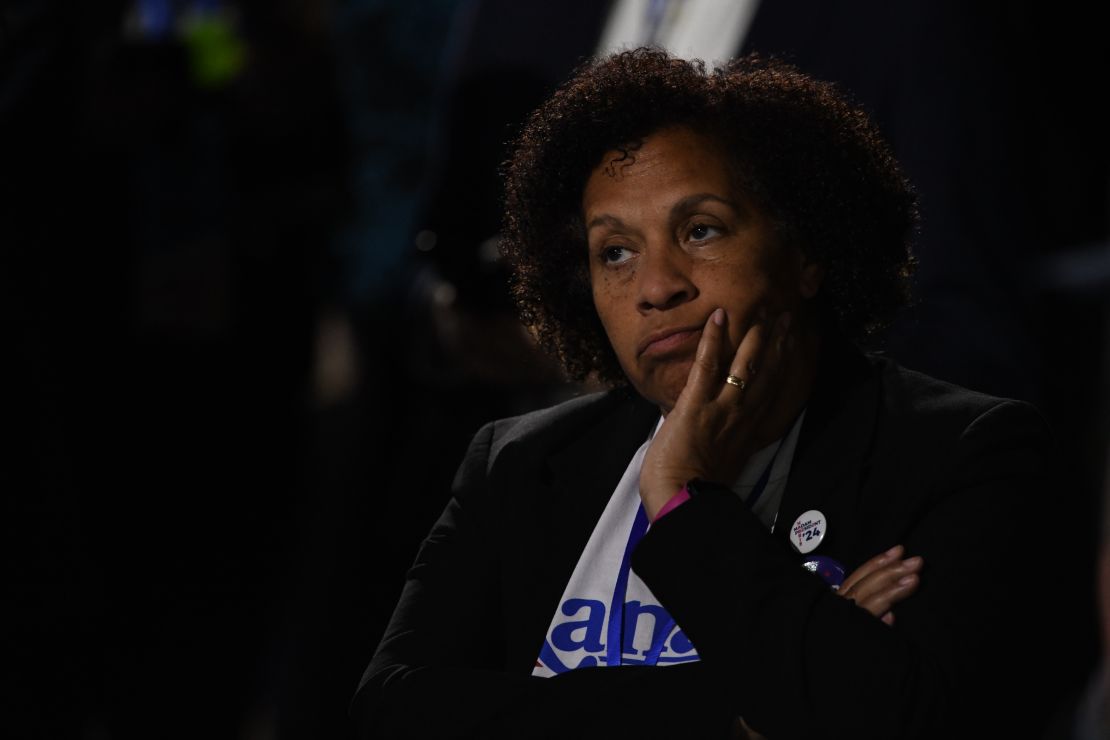 A supporter of Vice President Kamala Harris reacts as election results come in at Harris' watch party at Howard University in Washington, DC.