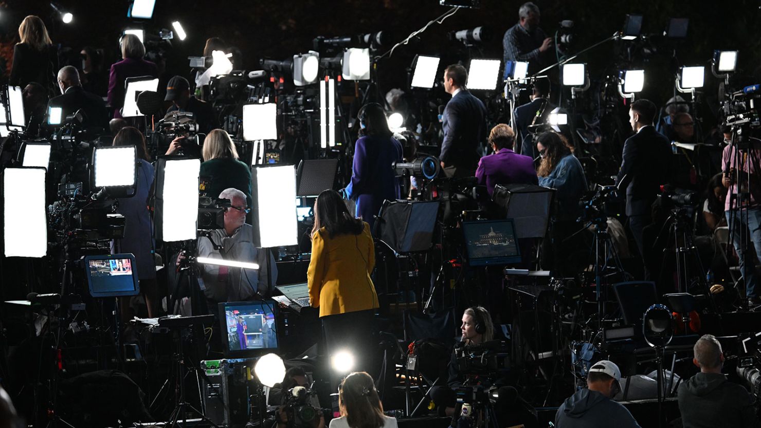 TV journalists set up at Howard University, during an election night event for supporters of Vice President Kamala Harris on Nov. 5, 2024.