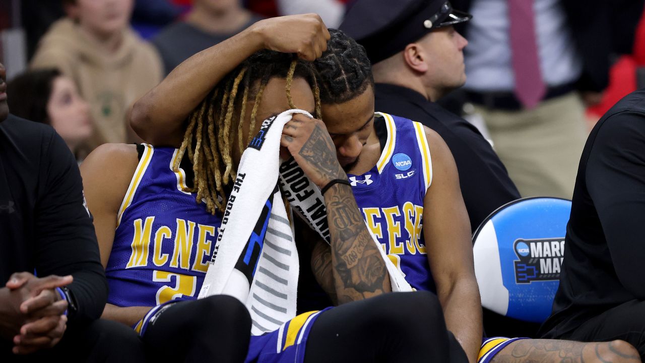 PROVIDENCE, RHODE ISLAND - MARCH 22: Christian Shumate #24 and DJ Richards Jr. #2 of the McNeese State Cowboys react on the bench against the Purdue Boilermakers during the second half in the second round of the NCAA Men's Basketball Tournament at Amica Mutual Pavillion on March 22, 2025 in Providence, Rhode Island. (Photo by Maddie Meyer/Getty Images)