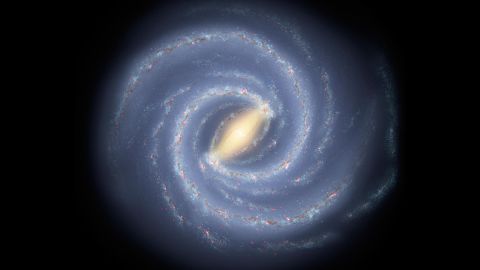 This artist concept illustrates the new view of the Milky Way. The galaxy two major arms can be seen attached to the ends of a thick central bar, while the two now-demoted minor arms are less distinct and located between the major arms. 