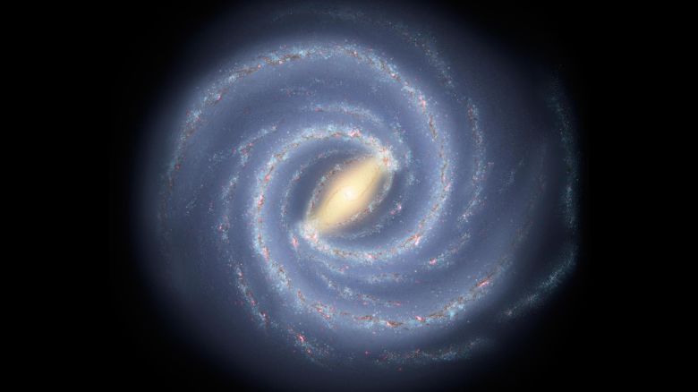 This artist concept illustrates the new view of the Milky Way. The galaxy two major arms can be seen attached to the ends of a thick central bar, while the two now-demoted minor arms are less distinct and located between the major arms. 