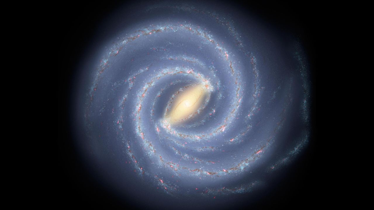 This artist concept illustrates the new view of the Milky Way. The galaxy two major arms can be seen attached to the ends of a thick central bar, while the two now-demoted minor arms are less distinct and located between the major arms. 