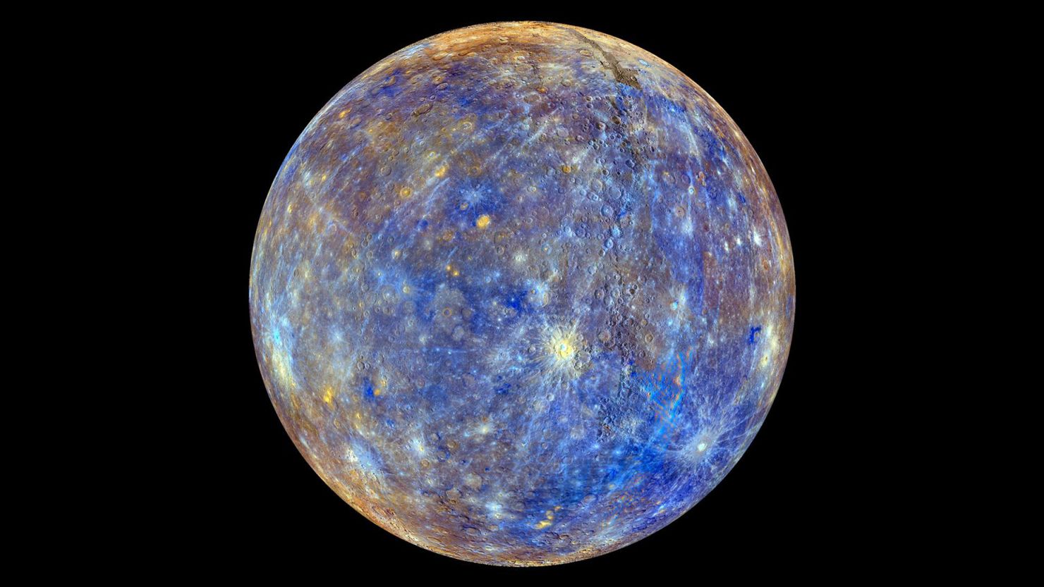 This composite view of Mercury, captured during MESSENGER's primary mission, includes colors that enhance the chemical, mineralogical and physical differences between the rocks that make up the planet's surface.